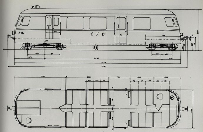 Plan de l'automotrice Billard, type A80D (Echelle 1/60° - Dessin J.-P. SOUDET)
