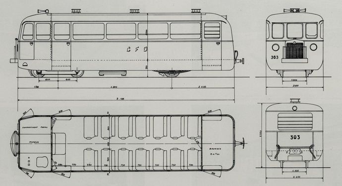 Plan de l'automotrice De Dion, types NC-ND (Echelle 1/60° - Dessin DAVID)