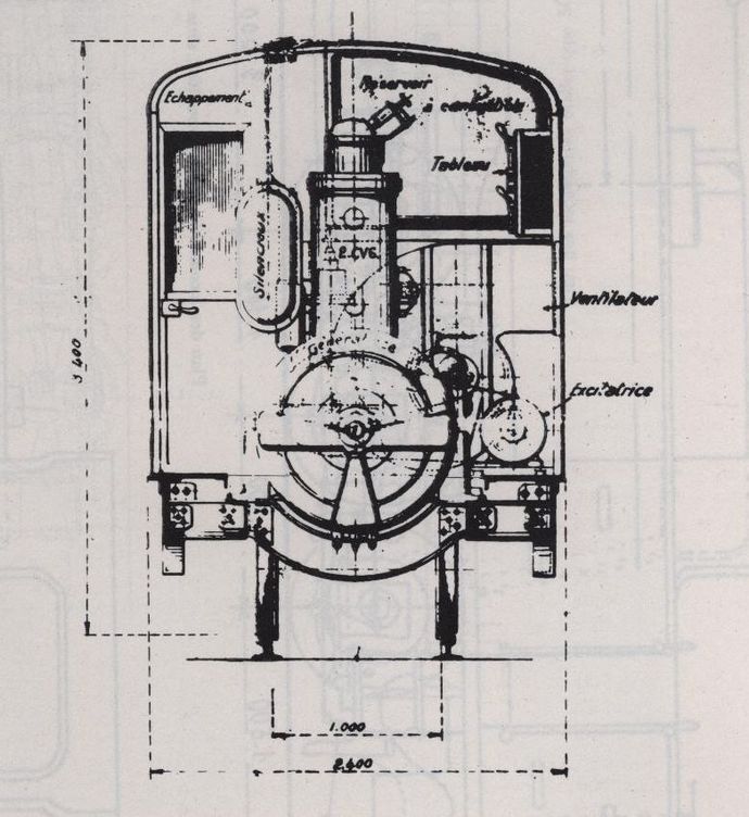 Plan du tracteur TH 1, vue en bout. (Echelle 1/43,5°) Plan du tracteur TH 1, vue en bout. (Echelle 1/43,5°)