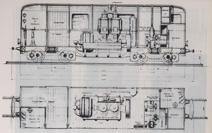 Plan du tracteur TH 1, vues d'élévation et coupe. (Echelle 1/43,5°) Plan du tracteur TH 1, vues d'élévation et coupe. (Echelle 1/43,5°)