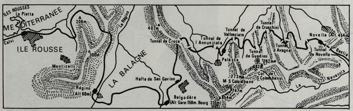 Tracé de la ligne de BALAGNE entre l'ILE ROUSSE et NOVELLA.