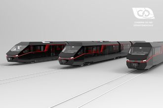 Vue de la gamme d'autorails CFD (de droite à gauche : à bogies, articulé à bogies et à essieux)